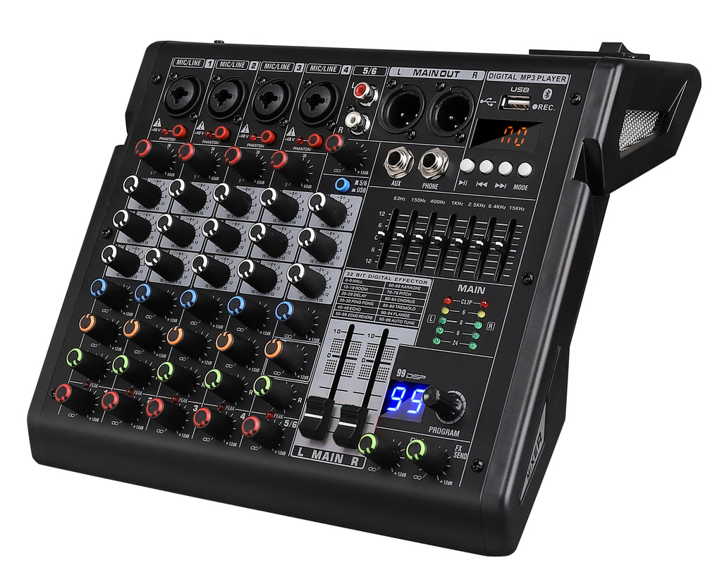 Black 6-channel audio mixing console with colourful control knobs, sliders, LED digital display, and Bluetooth.