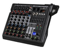 Black 6-channel audio mixing console with colourful control knobs, sliders, LED digital display, and Bluetooth.