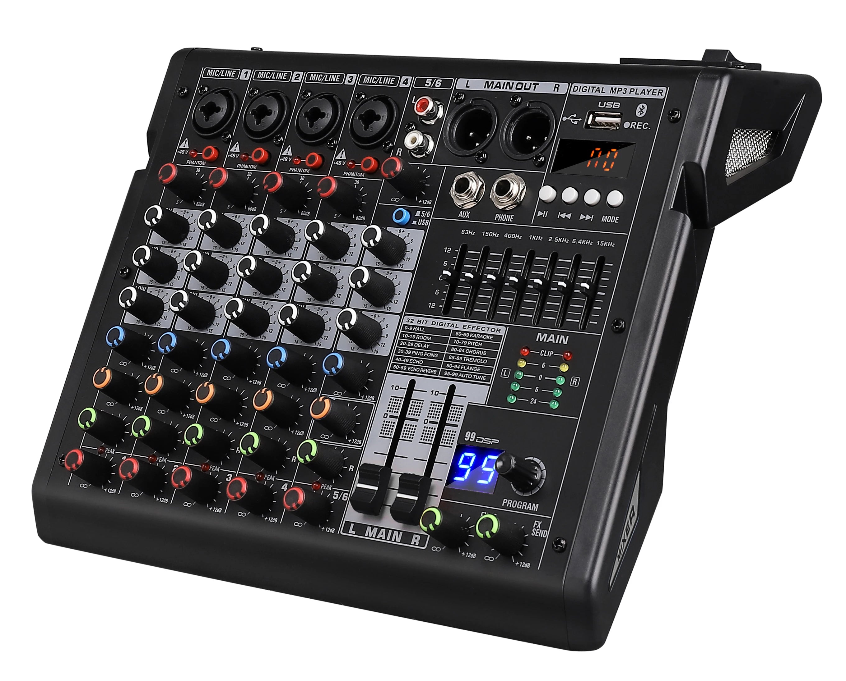 Black 6-channel audio mixing console with colourful control knobs, sliders, LED digital display, and Bluetooth.