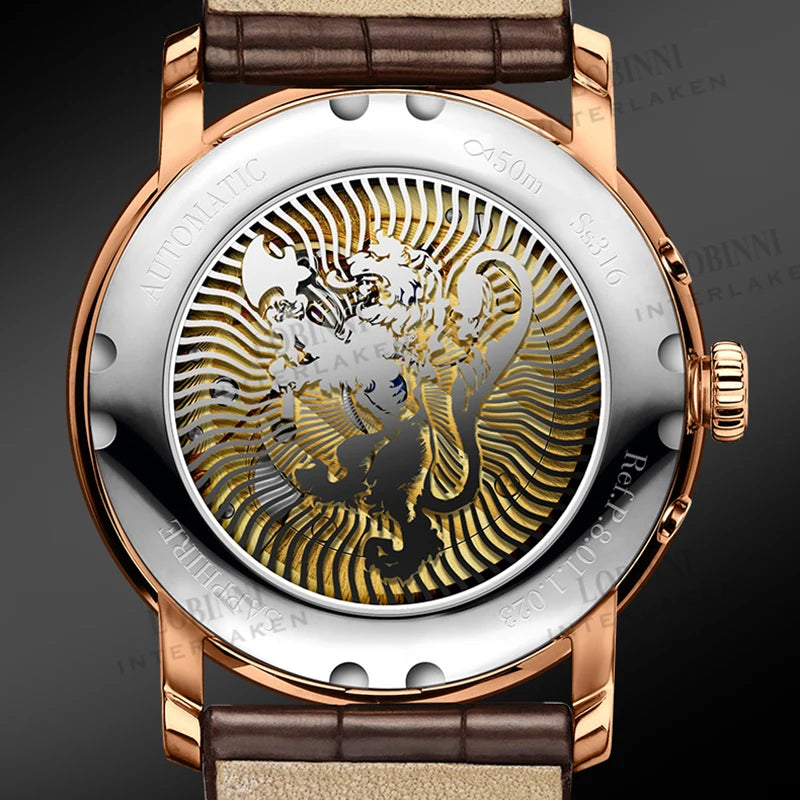 Lobinni automatic mechanical watch back with rose gold case, visible gearwork, and intricate lion engraving.