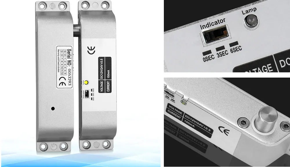 Silver-tone electric bolt lock with adjustable timer (0, 3, 6 sec) and DC 12V/24V input for door access control systems.