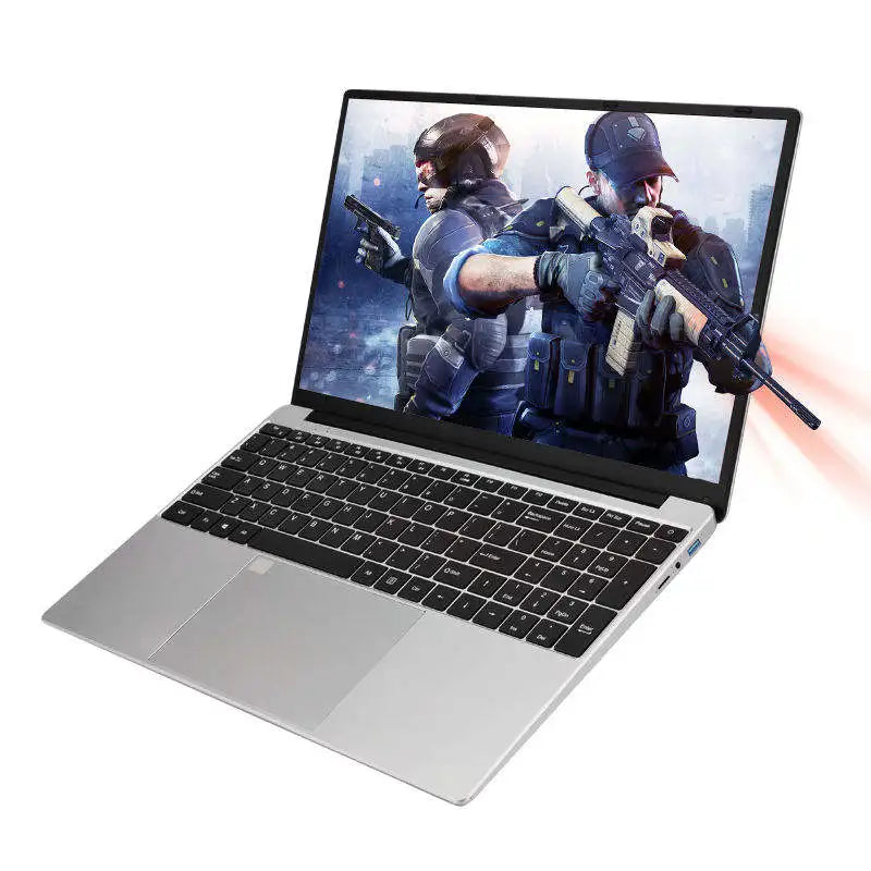 Silver 15.6-inch laptop with a slim design, backlit keyboard, and a sharp gaming display.