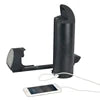 Black cylindrical portable charger with stand, featuring a white charging cable connected to a white smartphone.