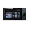 Sleek black 10-inch smart home touch panel with an intuitive interface showing time, media, and temperature controls.