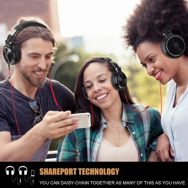 Three people wearing black wired over-ear studio headphones with distinct red cables while looking at a smartphone.