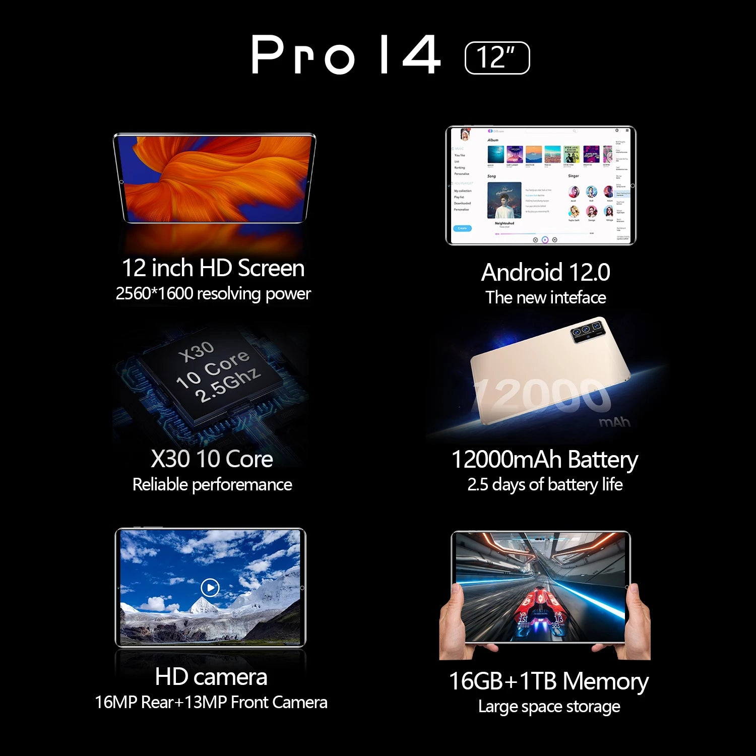 12-inch Android 12 tablet in gold, featuring an HD display, 16GB RAM, 1TB storage, and long-lasting 12000mAh battery.