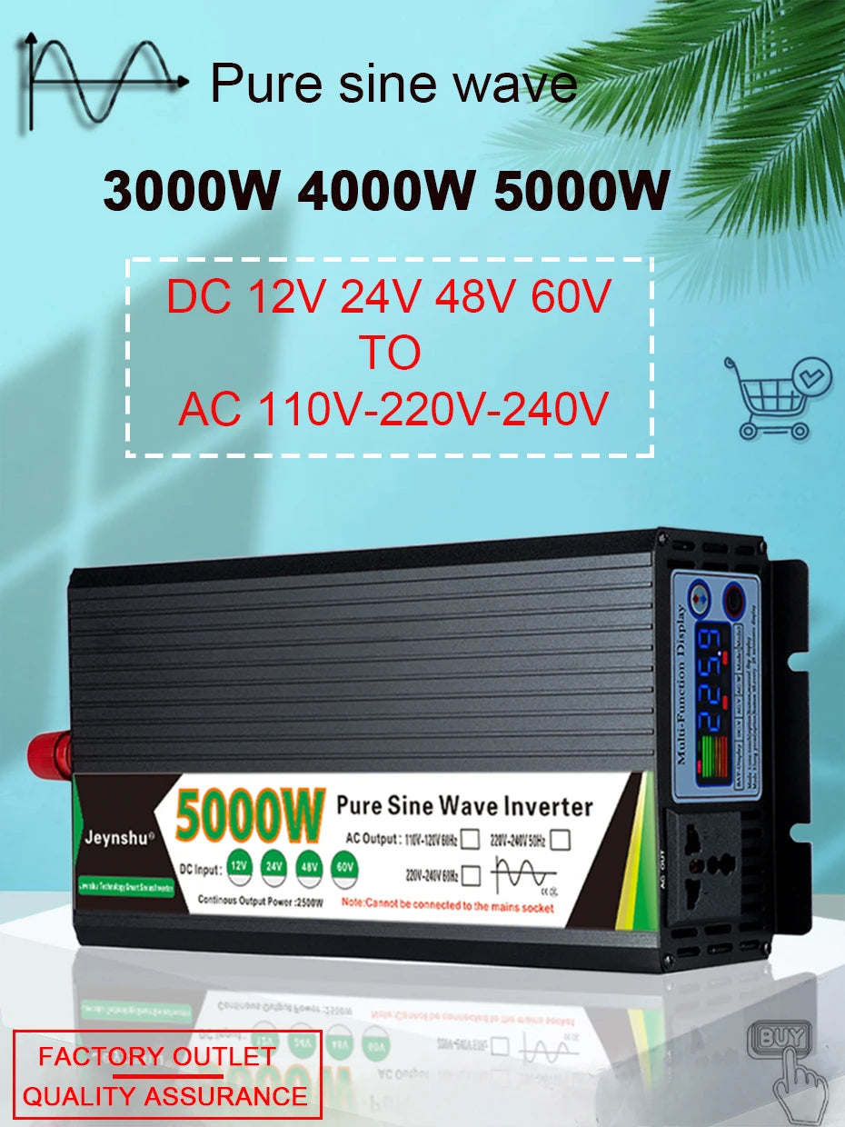 Black metal pure sine wave power inverter with a digital display and AC output socket on a blue gradient background.