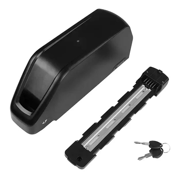 Black electric bike battery pack with mounting rail and two keys, shown against a white background.