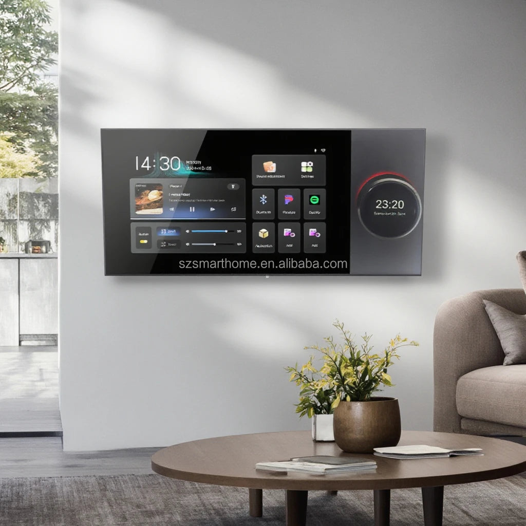 Wall-mounted 7-inch smart audio amplifier with sleek black glass interface, digital touch screen, and volume dial.