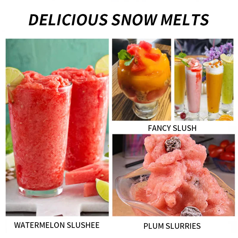 Four glasses of colorful slush drinks including red watermelon, orange fruit, and pink plum slurries.