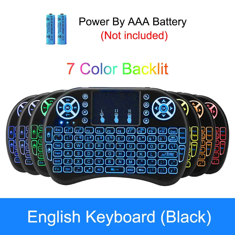 Black wireless mini keyboard with a central touchpad, directional controls, and customisable 7-colour LED backlighting.