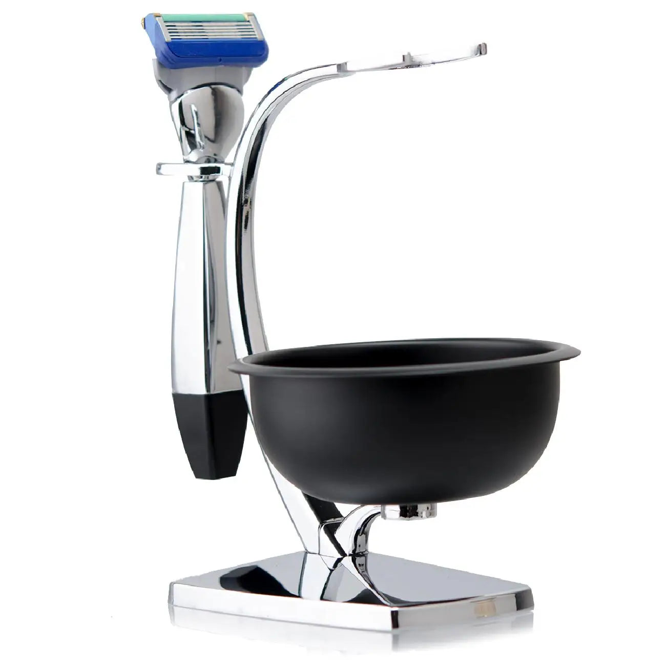 Chrome shaving razor and black bowl on a matching metallic stand against a white background.