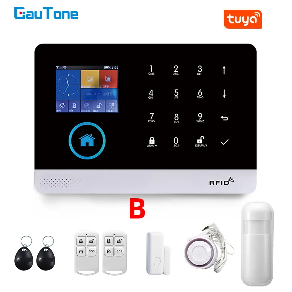 Smart WiFi home alarm system with a black and white touchscreen panel, two key fobs, door sensors, siren, and motion sensor.