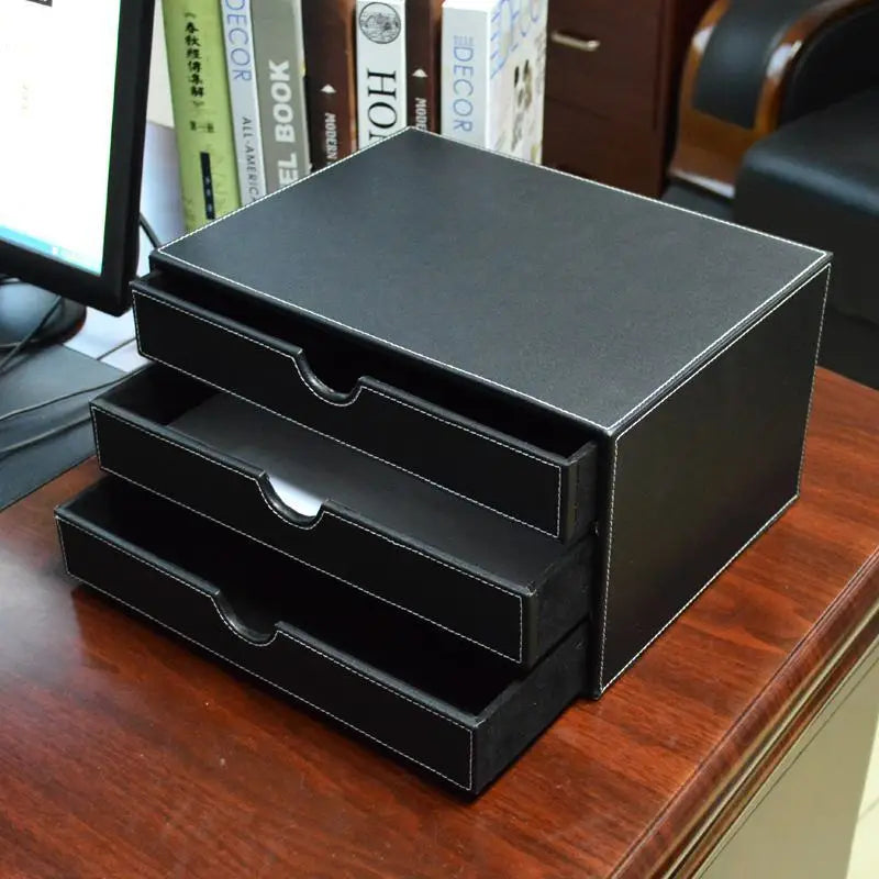 Business Office Leather Desktop File Cabinet, Three-Layer File Rack Frame, Practical A4 Data Storage Box
