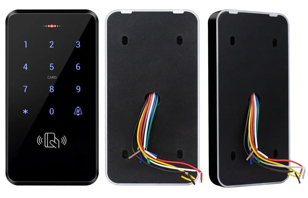 Black plastic access control keypad with touchscreen numeric buttons, card reader, and rear wiring loom.