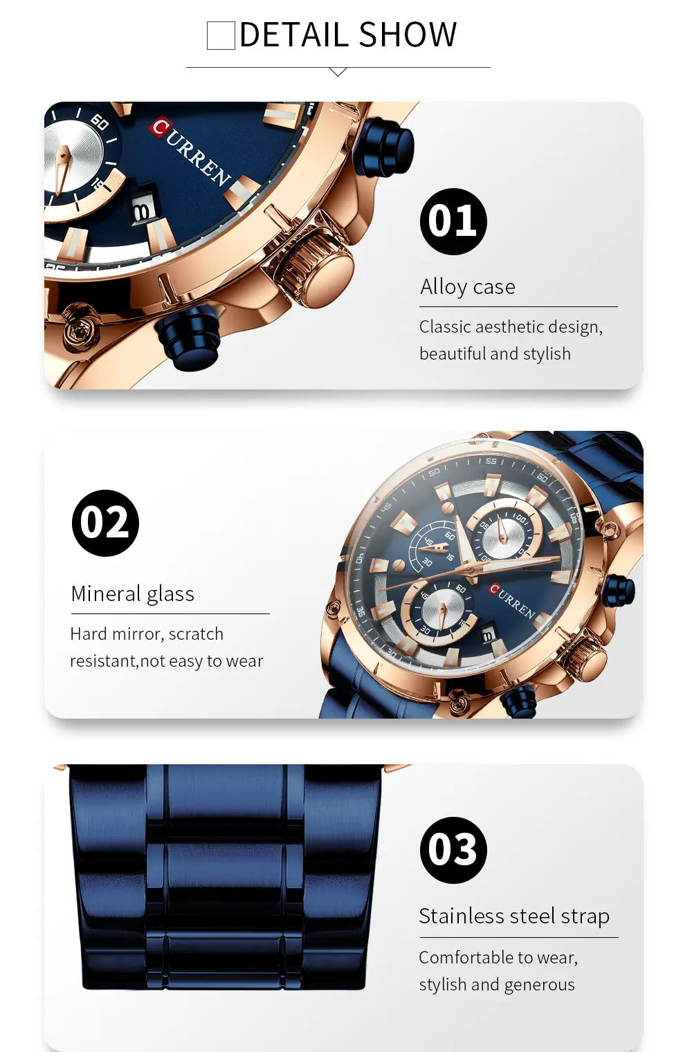 Luxury men's watch with a navy blue dial, rose gold case, scratch-resistant glass, and blue stainless steel strap.