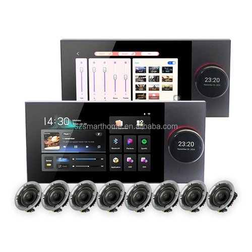 Two sleek, black 7-inch wall-mounted smart audio controllers with touchscreens and eight round ceiling speakers.
