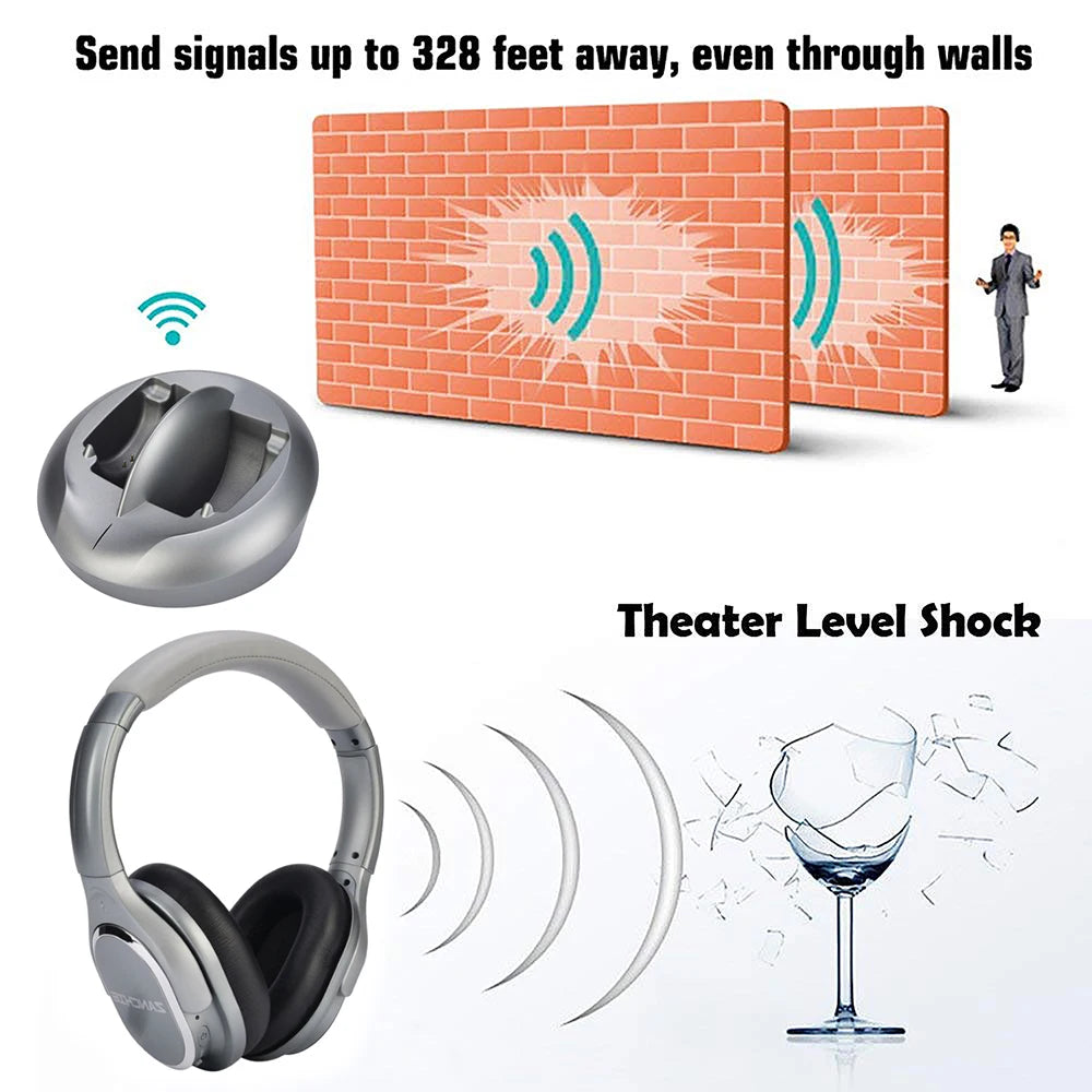 Silver wireless over-ear headphones with a charging base, showing signal range through walls and high-quality sound.