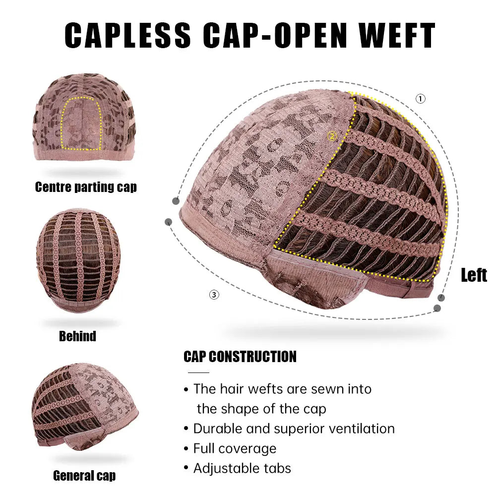 Pinkish-brown open-weft wig cap showing center-parting, behind, and general cap construction views.