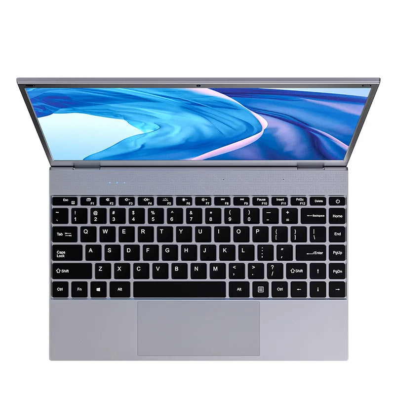 Top-down view of a slim, silver 14-inch laptop with a black keyboard and a bright Full HD screen display.