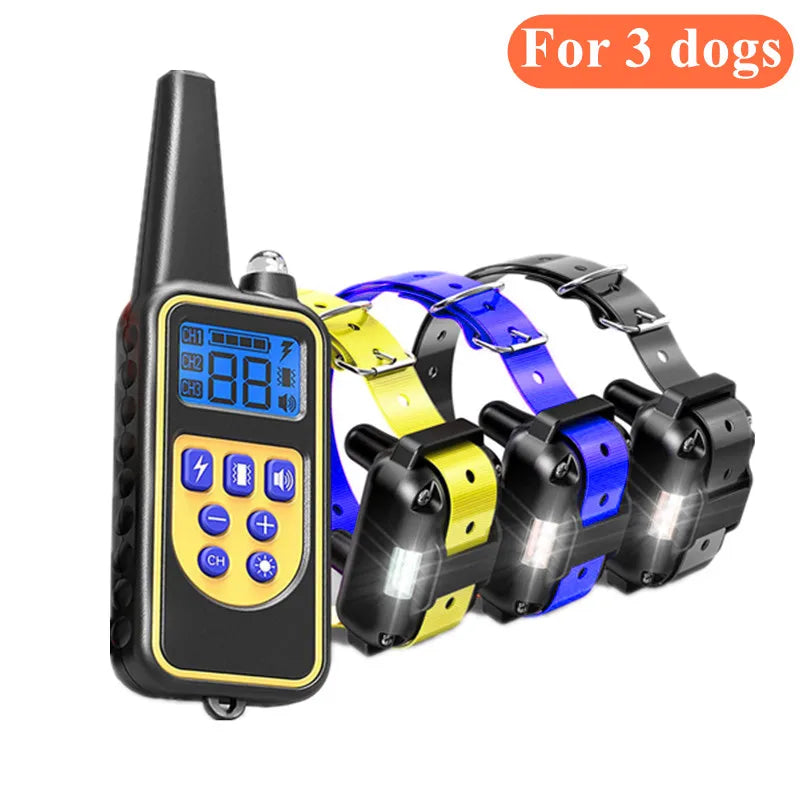 Rechargeable dog training remote with three collars in yellow, blue, and black, featuring an LCD screen and buttons.