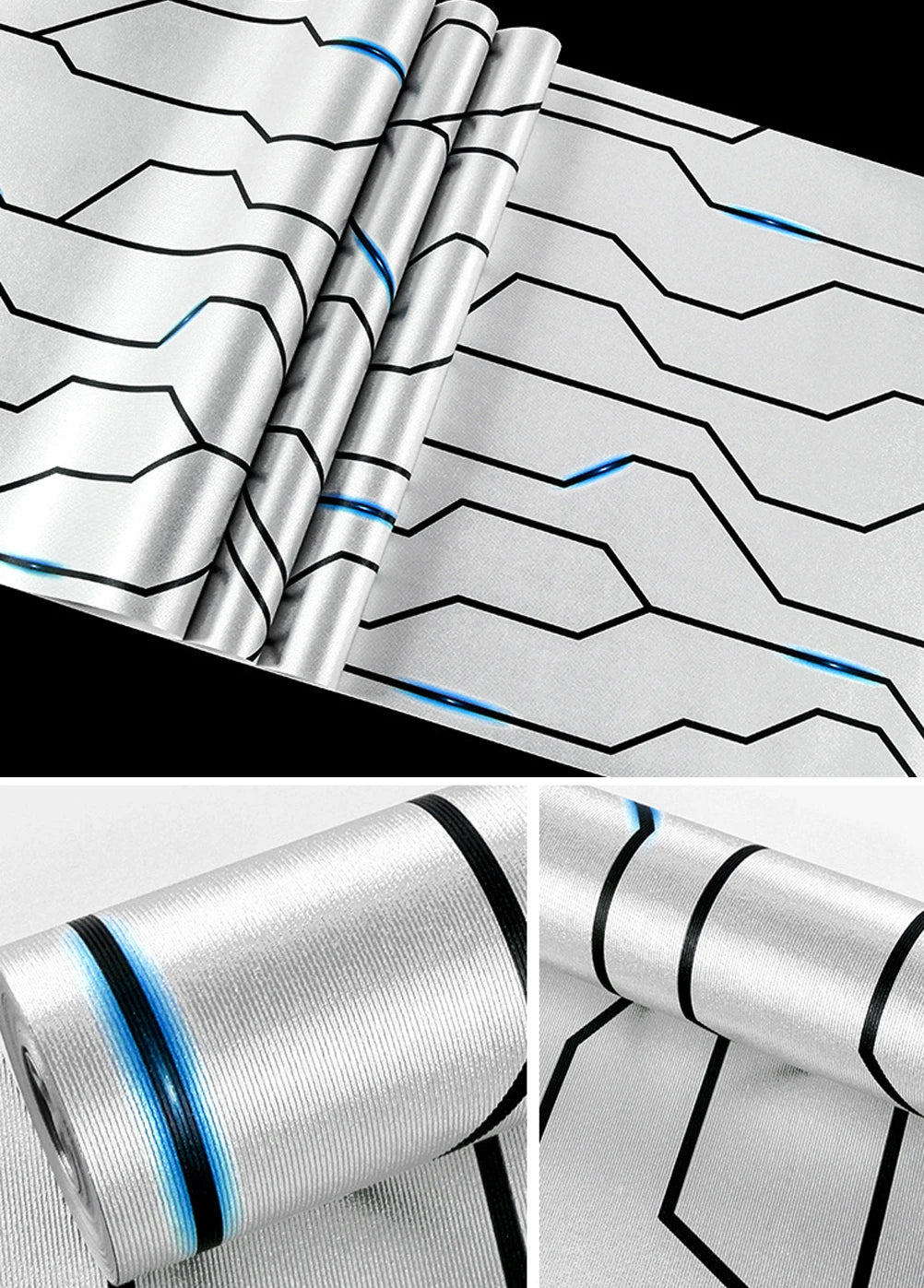 Modern silver wallpaper with a textured finish, featuring black geometric lines and vibrant blue glowing accents.