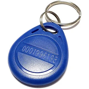 Blue plastic teardrop-shaped RFID key fob with a metal ring and embossed identification number.