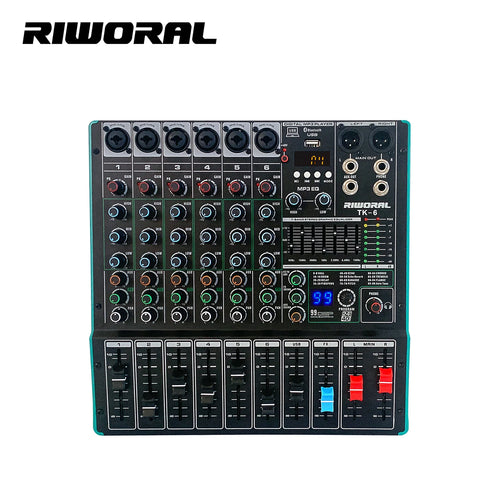 Black 6-channel audio mixer with a digital display, colourful control knobs, sliders, and integrated USB interface.