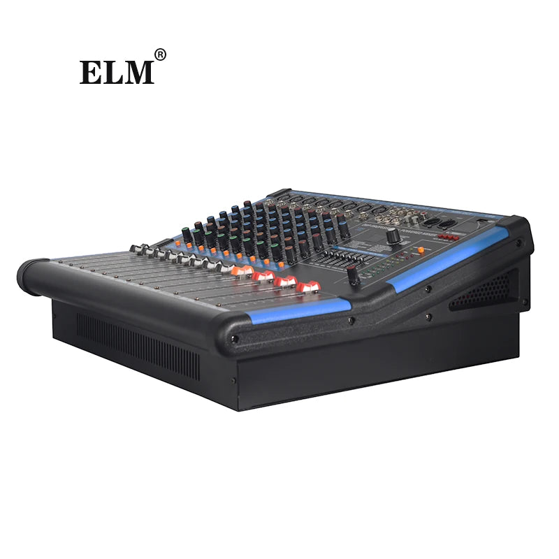 Black 8-channel audio mixer with blue accents, featuring multiple control knobs, sliders, and a digital display.