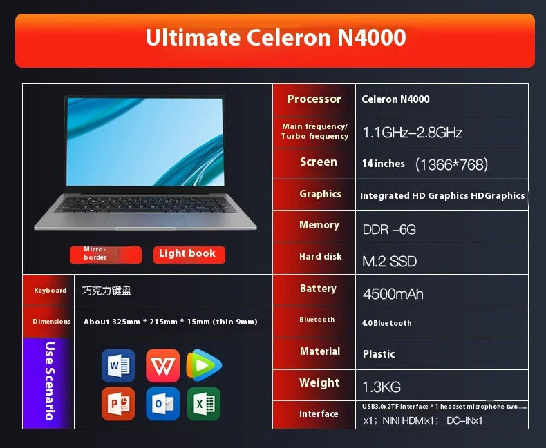 Sleek silver 14-inch laptop with a slim-bezel display and compact design, shown with a detailed technical specification.
