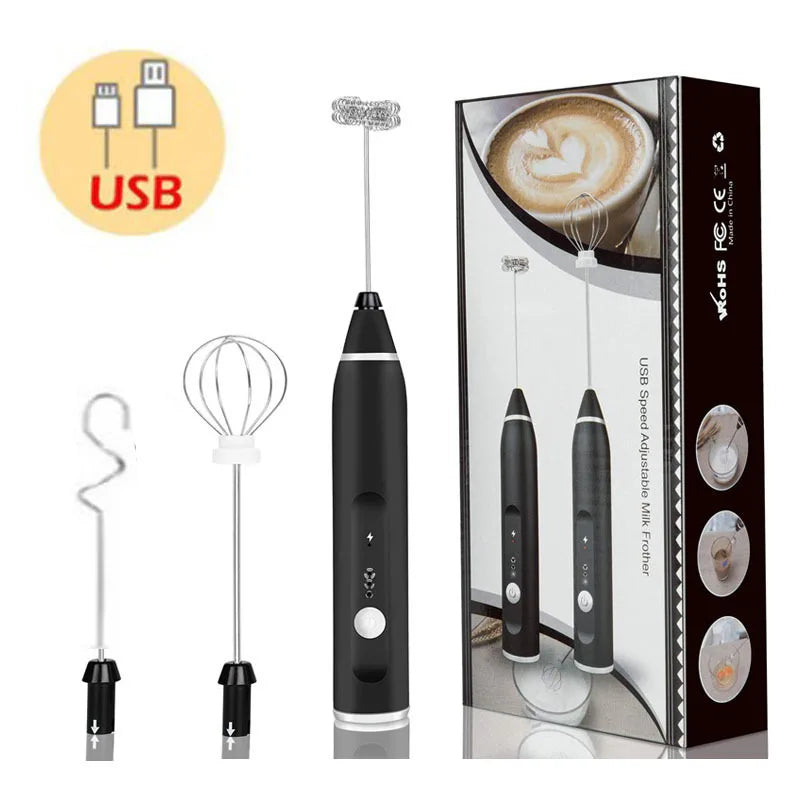 Black, rechargeable USB milk frother with three interchangeable stainless steel whisk attachments and product packaging.