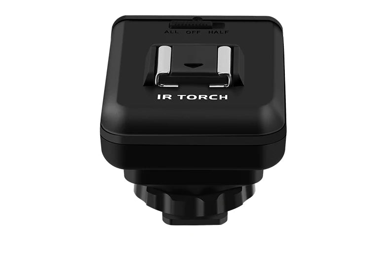 Black plastic IR torch unit with a metal hot shoe mount and a top-mounted switch labeled All, Off, and Half.