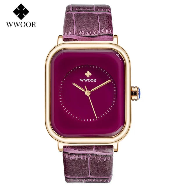 Ladies' square watch featuring a deep purple dial, gold-tone case and textured purple leather strap.