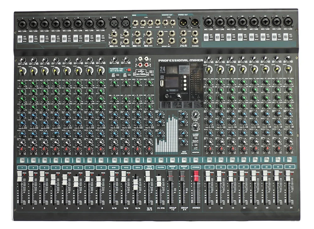 Black 24-channel digital audio mixer featuring multi-coloured rotary control knobs, channel faders, and top inputs.