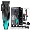 Black and teal cordless hair and beard trimmer with digital display, charging cable, and various attachment combs.