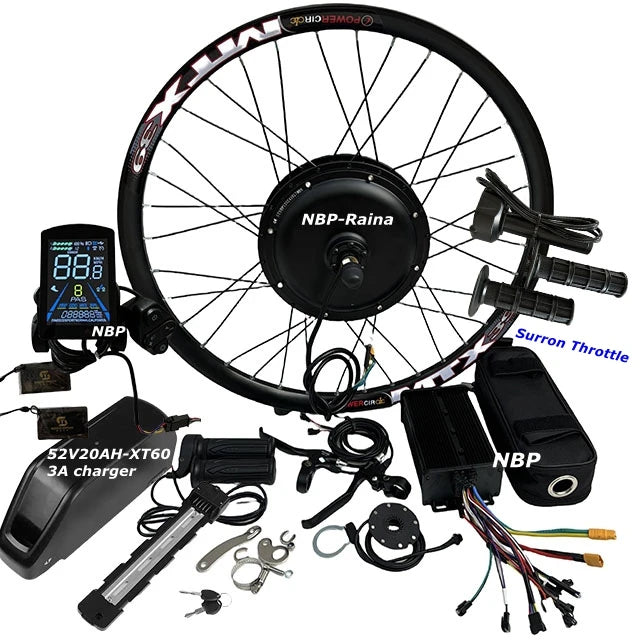 2000W e-bike conversion kit with black hub motor wheel, digital display, battery, throttle, controller and accessories.