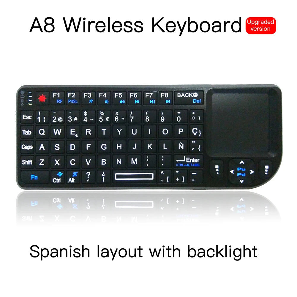 Black wireless mini keyboard with Spanish layout, built-in touchpad, backlight, and plastic casing.