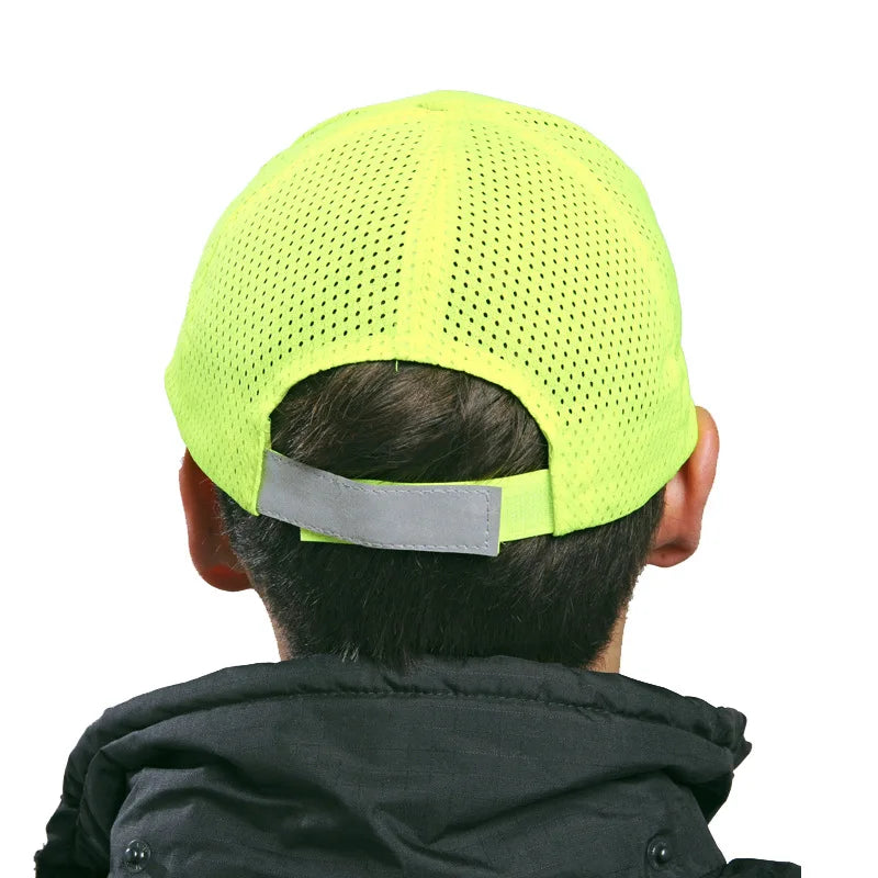 Neon yellow breathable mesh baseball cap with an adjustable reflective strip at the back.