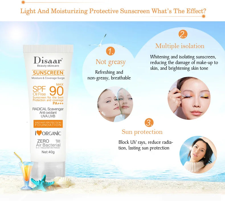 White 40g tube of SPF 90 moisturizing sunscreen with protective, brightening, and non-greasy skin benefits.