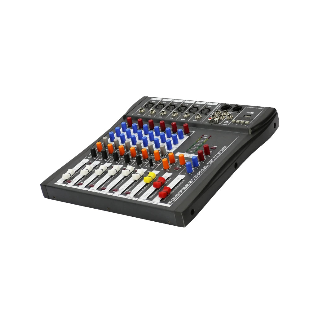 Black 6-channel DJ mixer with multicoloured control knobs, sliding faders, and top-mounted input ports.