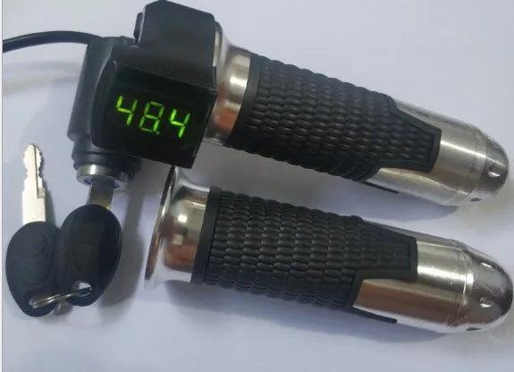 Black and silver electric bike twist throttle set with textured grips, ignition key, and digital voltage display.