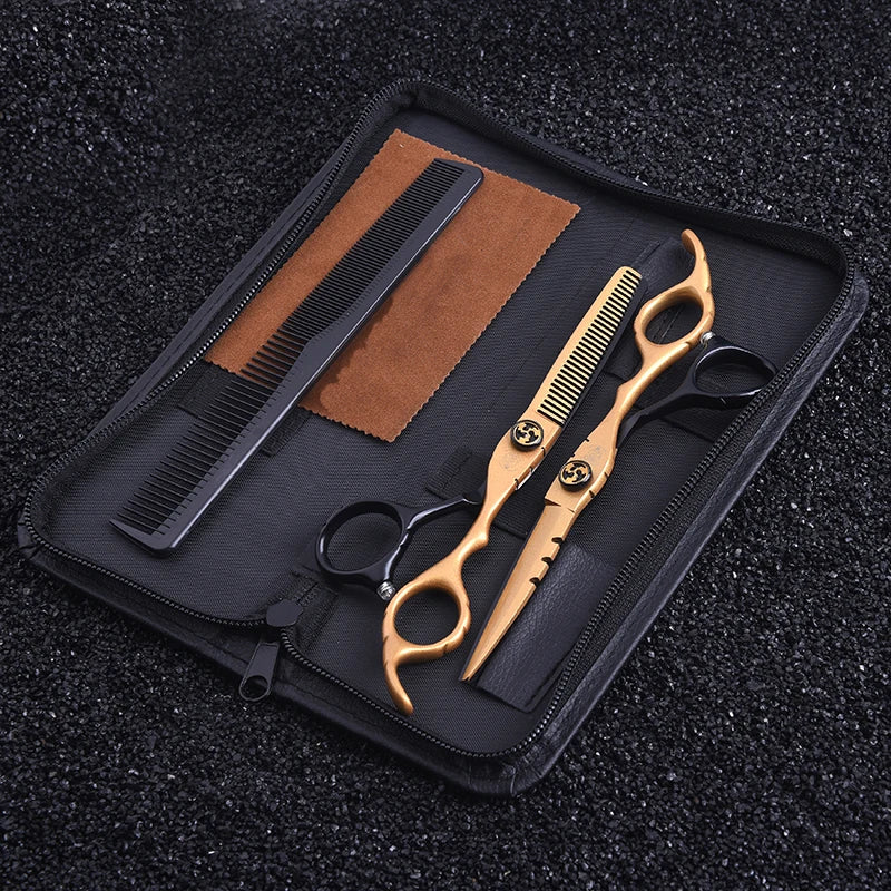 Professional 6-inch hairdressing scissor and thinning set in gold and black with a matching comb in a storage case.