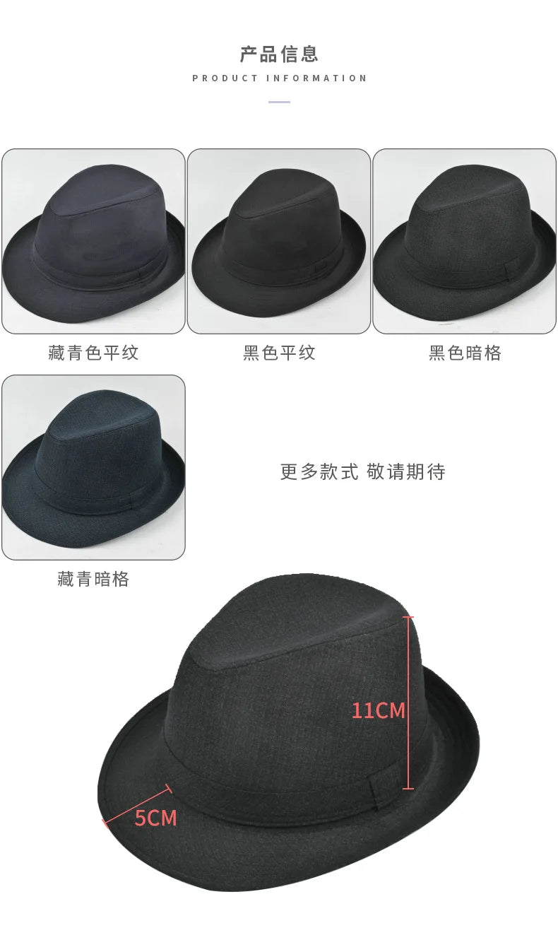 A selection of classic fedora hats in black and navy, available in plain or subtle plaid patterns for autumn and winter.