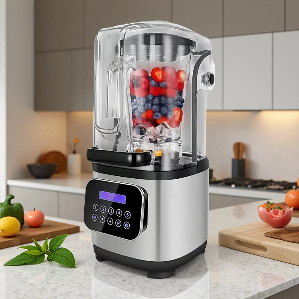 Silver commercial-style blender with a clear sound-dampening enclosure and a black digital control panel on a counter.