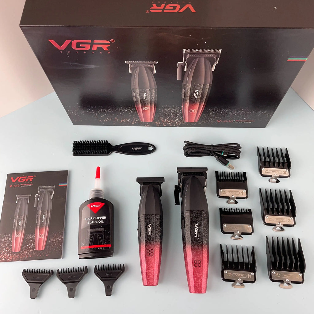 Professional cordless hair and beard trimmer set in a black and red gradient finish with multiple guards and oil.