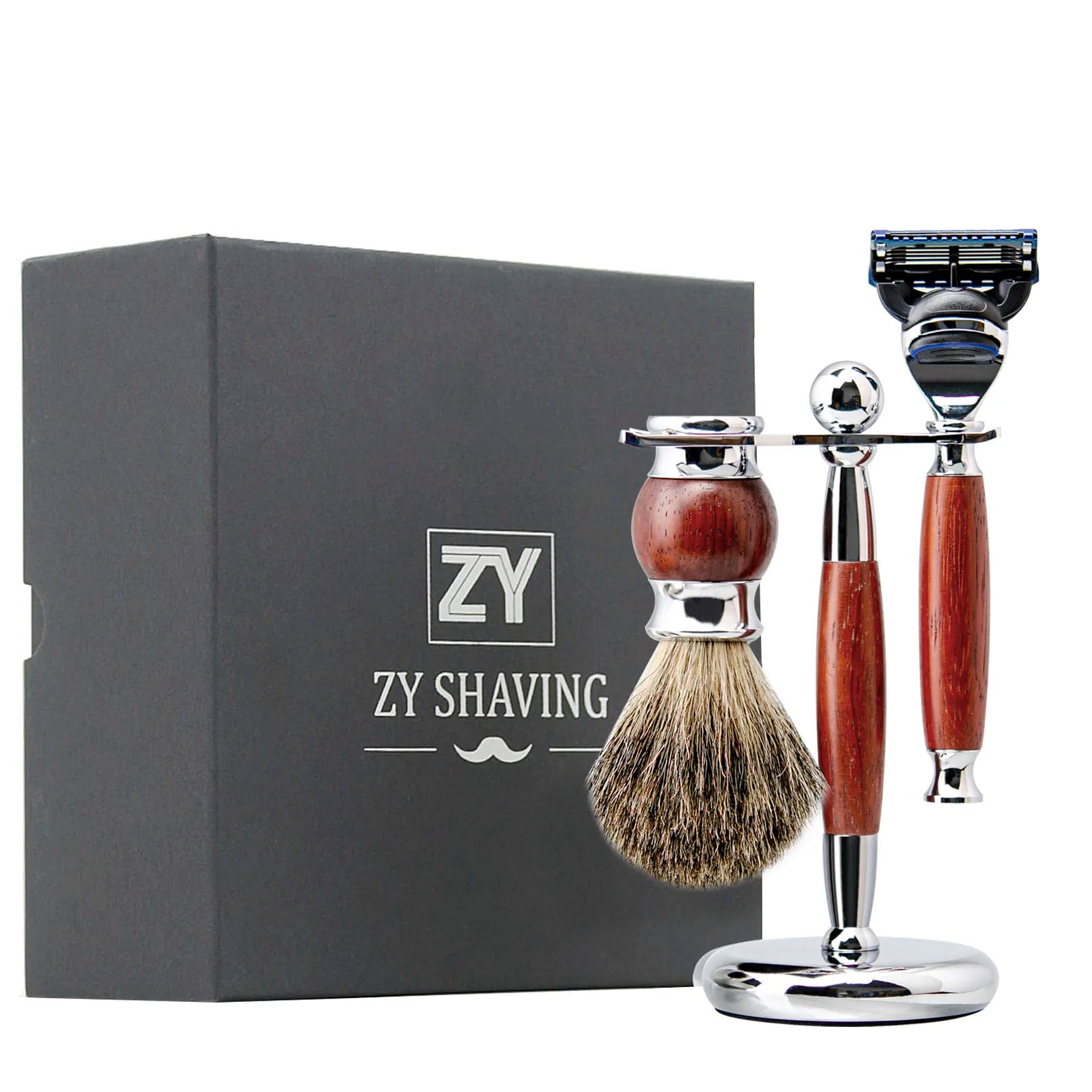 Barbers Stand Wet Shaving Safety Razor Kit with Badger Hair Brush and Five Blades