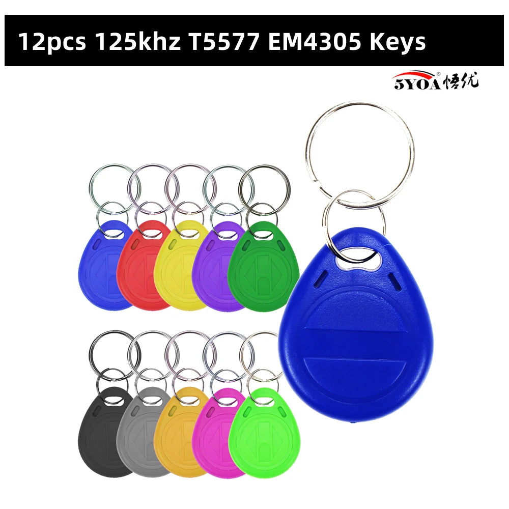 12 multicolored plastic RFID key fob tags with metal split rings for 125kHz access control systems.