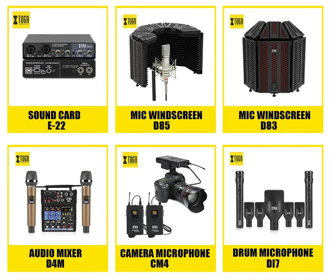 Black 4-channel audio mixer with two gold handheld wireless microphones. Compact professional DJ sound controller.