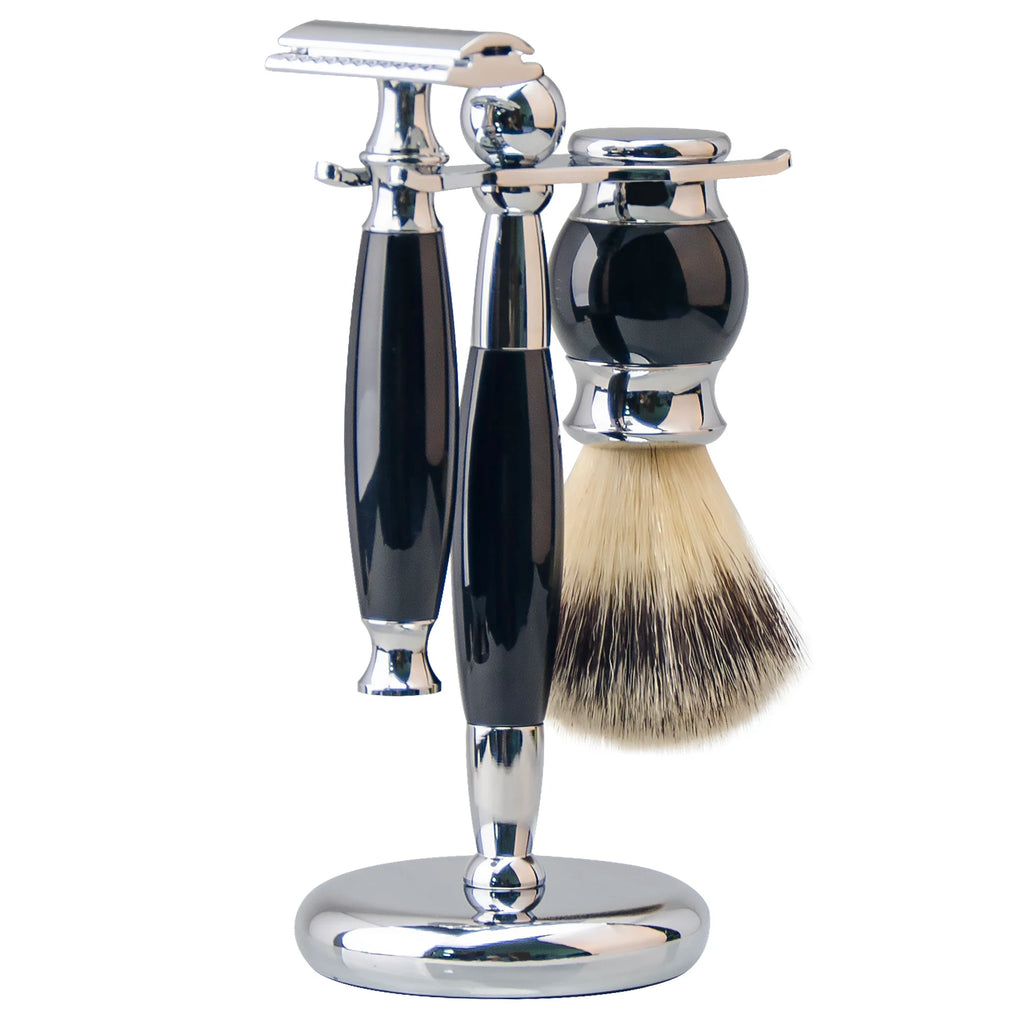 Black and chrome safety razor and shaving brush set on a matching metallic stand.