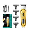 Gold cordless hair clipper with digital display, four attachment combs, and a USB charging cable in its retail box.